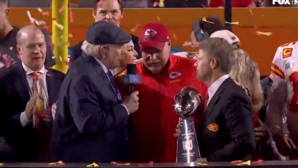 Terry Bradshaw interviews Andy Reid after the Super Bowl