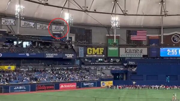 Rays hanging a banner