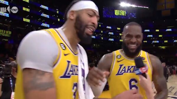 LeBron James jokes with Anthony Davis during an interview
