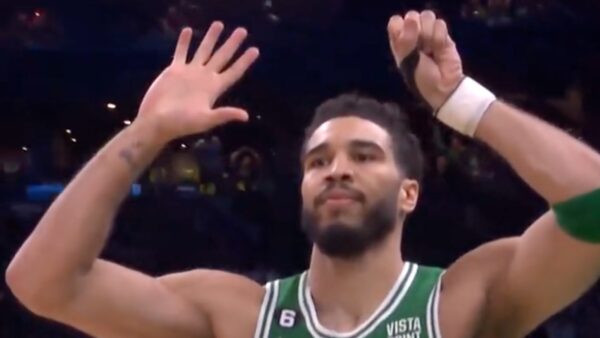 Jayson Tatum celebrates his record performance