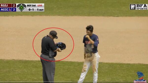 An umpire holds a helmet