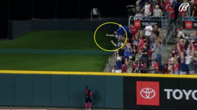 A fan reaches out to catch a ball