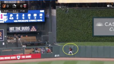 Cedric Mullins collides with the center field wall to rob Twins' Byron Buxton of a home run