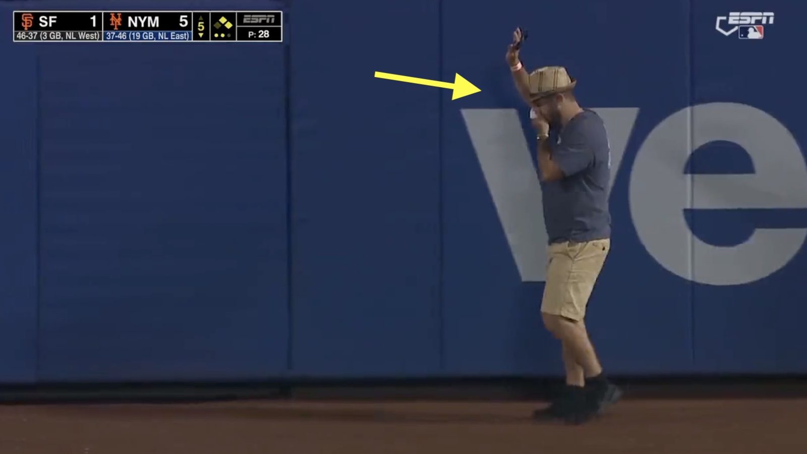 New York Mets fan falls out of centerfield stands onto field