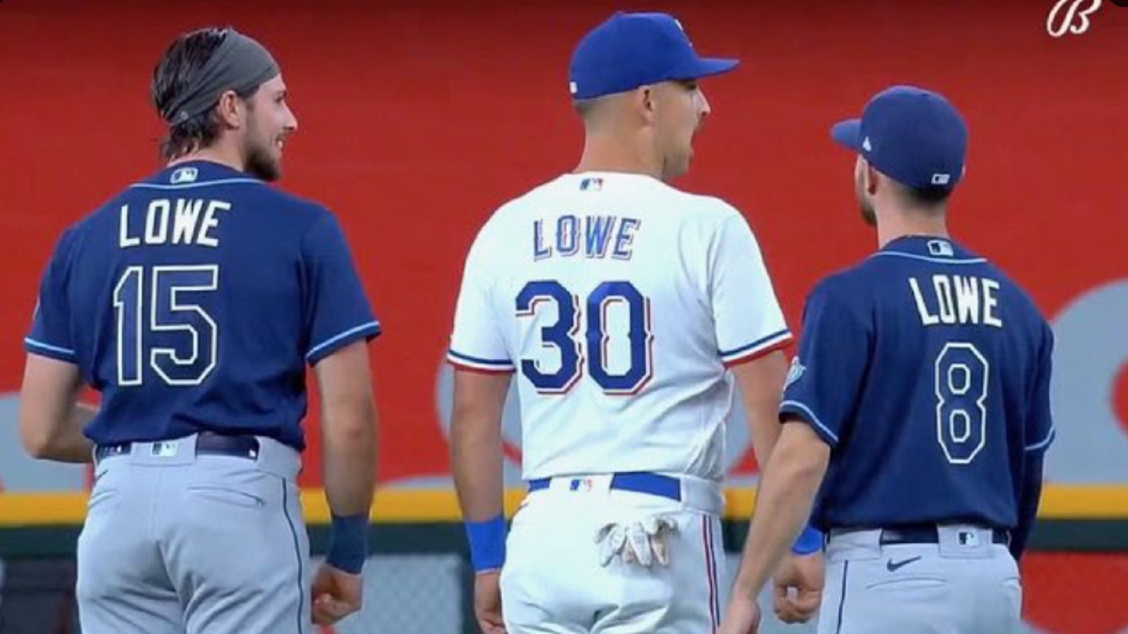 Josh Lowe on first base doing his best to annoy his big bro Nathaniel :  r/baseball