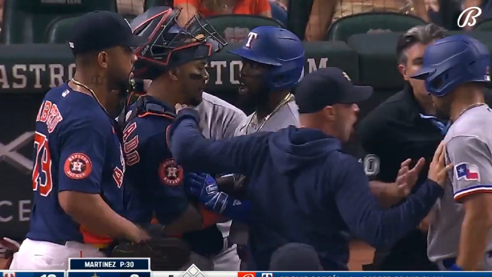 Astros lose finale vs. Rangers after benches clear