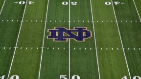 The Notre Dame logo on the field