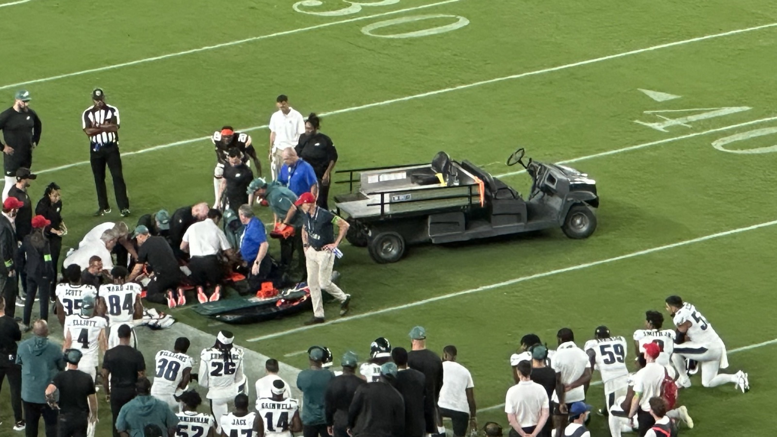 Philadelphia Eagles players carted off after suffering neck injuries have  'movement in all extremities'