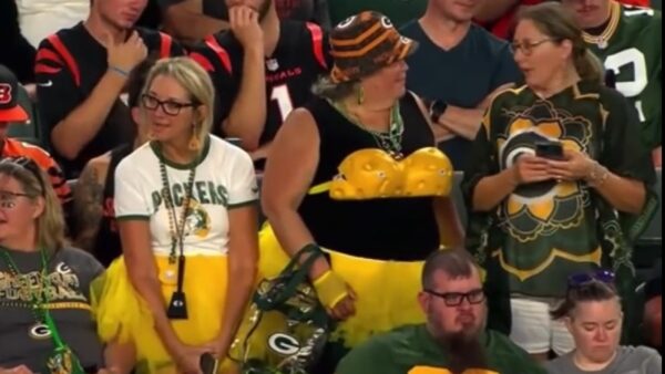 A Packers fan in a cheese bra