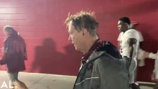 Nick Saban walking out of Raymond James Stadium following Alabama-USF game