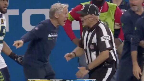 Pete Carroll screams at an official over a call