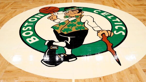 The logo of the Boston Celtics at midcourt