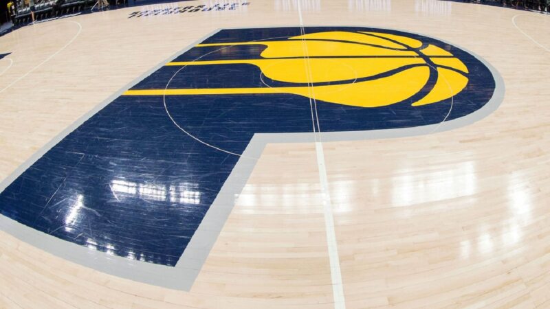 The Indiana Pacers logo at center court