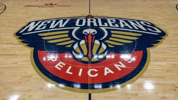 The New Orleans Pelicans logo at center court