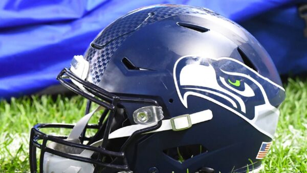 A Seattle Seahawks helmet on the grass