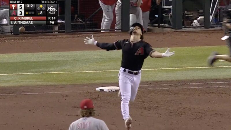 Diamondbacks' Alek Thomas celebrates after his game-tying home run in Game 4 of the NLCS