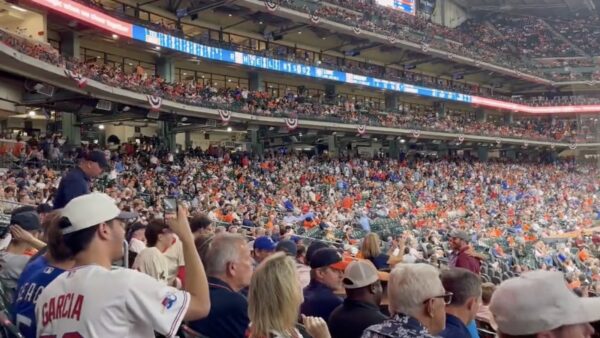 Rangers fans chanting at Minute Maid Park during their Game 7 ALCS win over the Astros