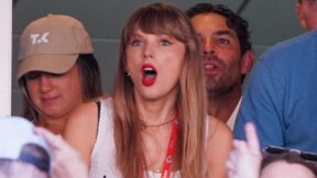 Taylor Swift reacts at a Chiefs game