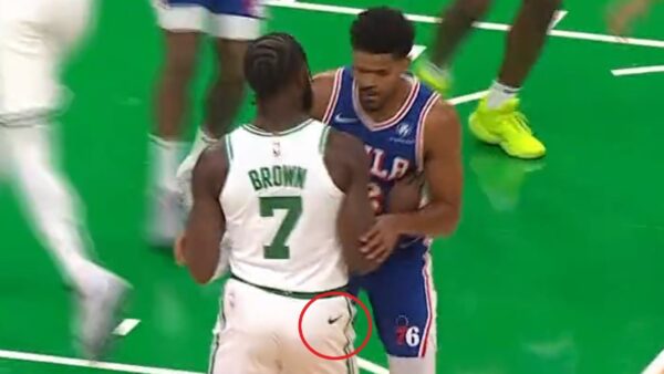 Jaylen Brown wearing his shorts backwards