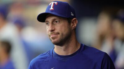 Max Scherzer in uniform for the Rangers