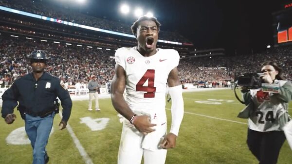Jalen Milroe looking hyped after an Alabama comeback win over Auburn