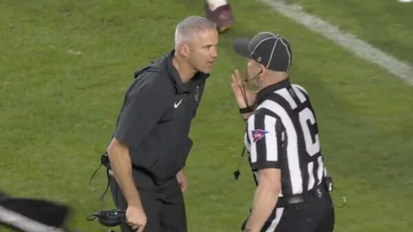 FSU coach Mike Norvell angry at a referee during a rivalry game against Florida