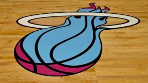 The logo of the Miami Heat on the court
