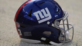 A close-up of a New York Giants helmet