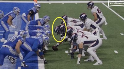 The Broncos line up offsides at the goal line