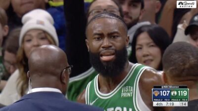 Jaylen Brown looking frustrated during a Celtics-Knicks game