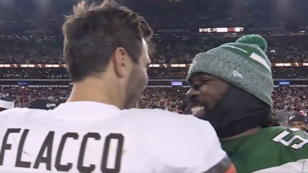 Joe Flacco and CJ Mosely talk after a game