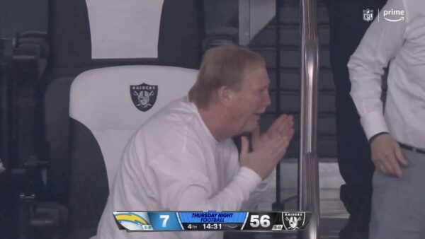 Mark Davis looking shocked during lopsided Chargers-Raiders game