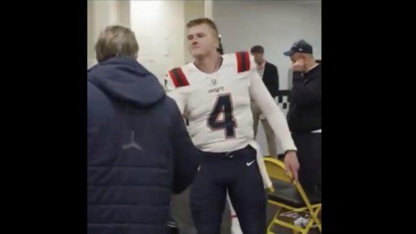 Bailey Zappe greeting Bill Belichick in the Patriots' locker room