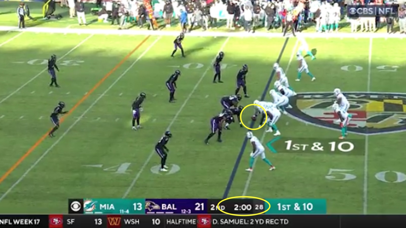 Dolphins line up for a snap