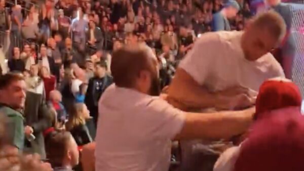 Sean Strickland punching Dricus Du Plessis in the stands at UFC 296