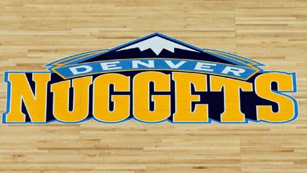The logo of the Denver Nuggets on the court