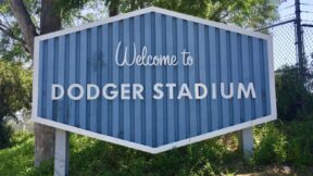 A Welcome to Dodger Stadium sign go Dodgers