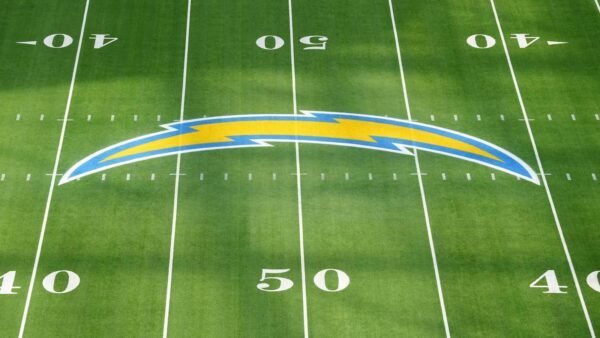 The Los Angeles Chargers' logo at midfield