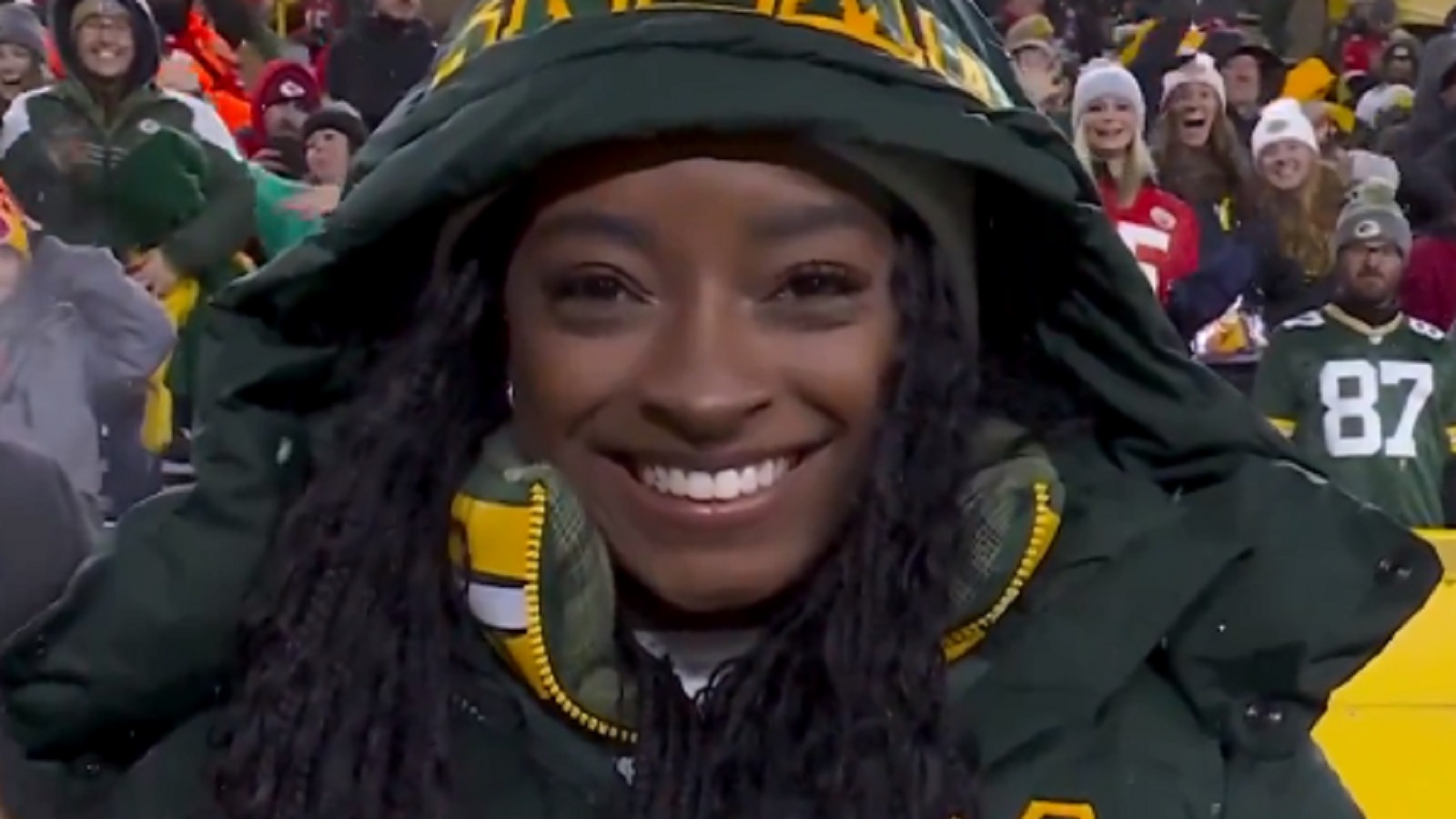 Simone Biles in Packers gear
