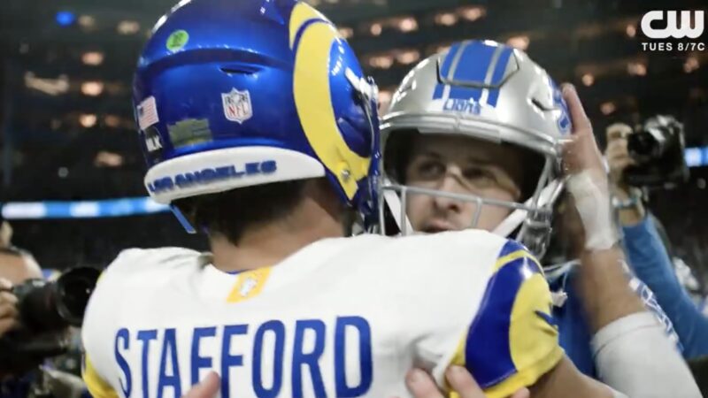 Matthew Stafford and Jared Goff sharing an embrace after Rams-Lions playoff game
