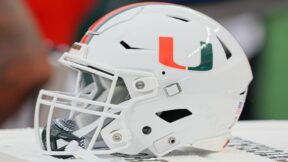 A Miami Hurricanes helmet on the bench