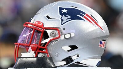 Patriots helmet on the bench