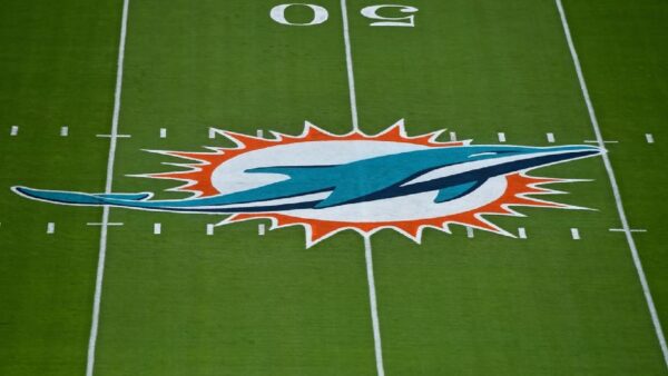 The logo of the Miami Dolphins at midfield