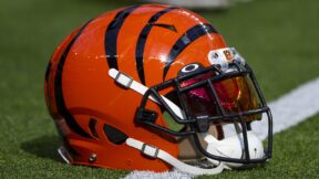 A Bengals helmet on the field