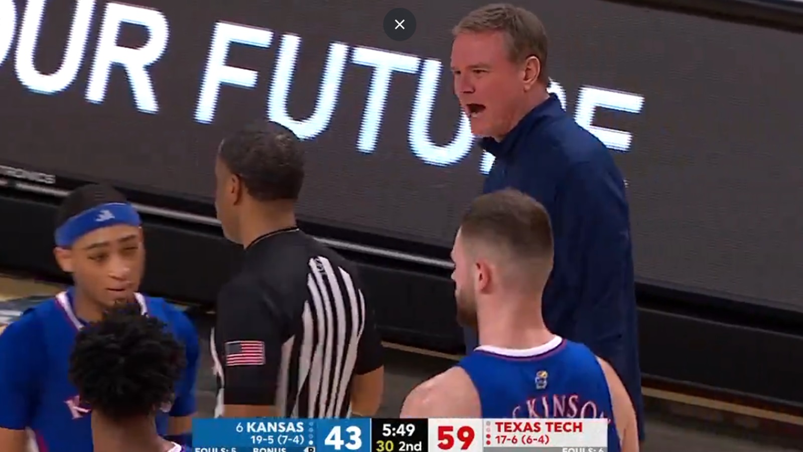 Bill Self angry at a referee during Kansas-Texas Tech game