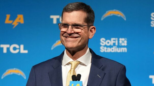 Jim Harbaugh being introduced by the Chargers