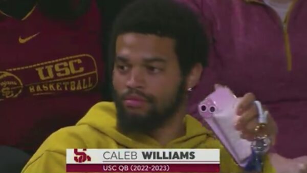 Caleb Williams flashes his pink phone case