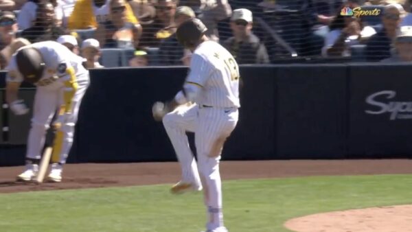 Manny Machado tries to break a bat over his leg