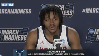 Howard guard Bryce Harris speaks at a press conference