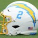 A Chargers helmet on the field